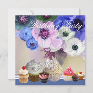 BLUE RO ANEMONE FLOWES AND MUFFINSS Birday Inbjudningar