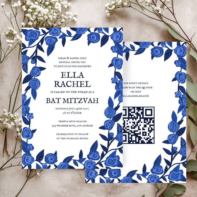 Blue Ro Anpassningsbar Fladdermus Pub Mitzvah QR C Inbjudningar (Blue Roses Custom Bat Bar Mitzvah QR Code Girl Invitation
)