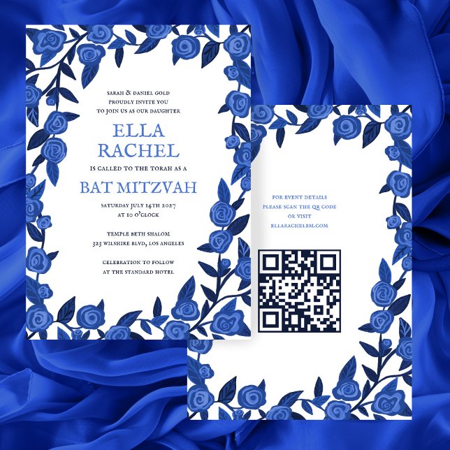 Blue Ro Anpassningsbar Fladdermus Pub Mitzvah QR C Inbjudningar (Blue Roses Custom Bat Bar Mitzvah QR Code Girl Modern Invitation
)