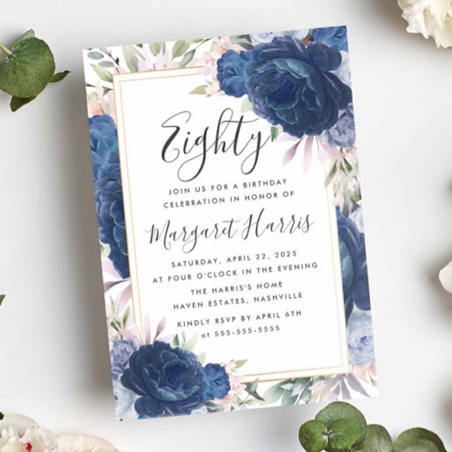 Blue Ro Blommigt Guld Ram 80:e årsdagen Inbjudningar (Skapare uppladdad)