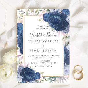 Blue Ro Blommigt Nuestra Boda Spanska Bröllop Inbjudningar