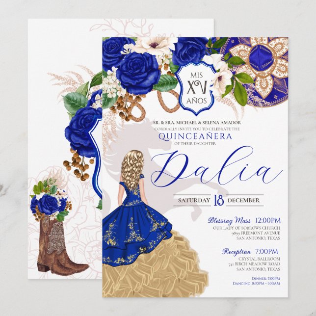 Blue Ro Blommigt Western Charro Quinceañera Inbjudningar (Fram/baksida)