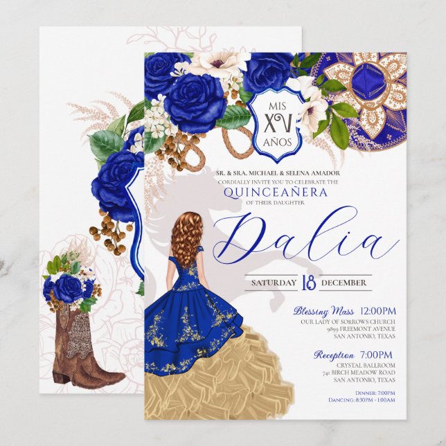 Blue Ro Blommigt Western Charro Quinceañera Inbjudningar (Fram/baksida)