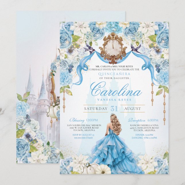 Blue Ro Cinderella Royal Princess Quinceanera Inbjudningar (Fram/baksida)