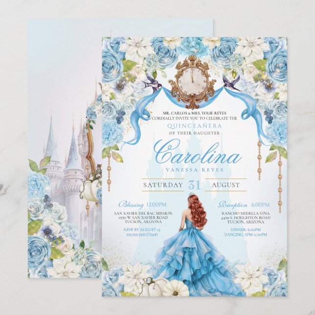 Blue Ro Cinderella Royal Princess Quinceanera Inbjudningar (Fram/baksida)