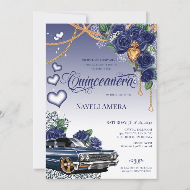 Blue Ro Classic Blue Lowrider Chola Quinceanera Inbjudningar (Framsida)
