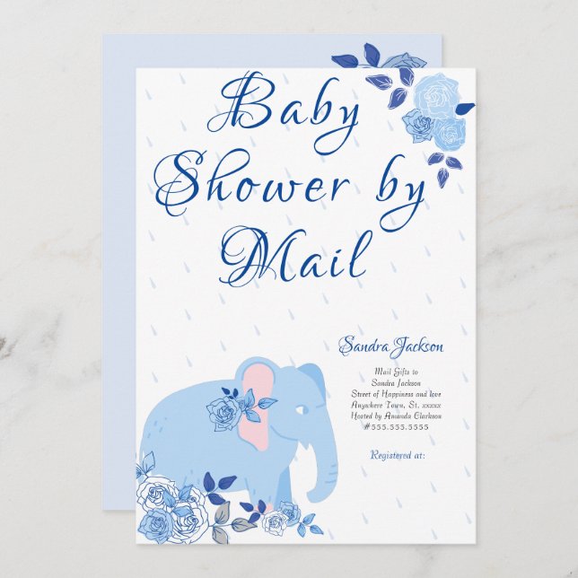 Blue Ro Cute Elephant Boy Shower Inbjudningar (Fram/baksida)
