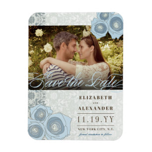 Blue Ro Damask Snöre Photo Spara datum magneter