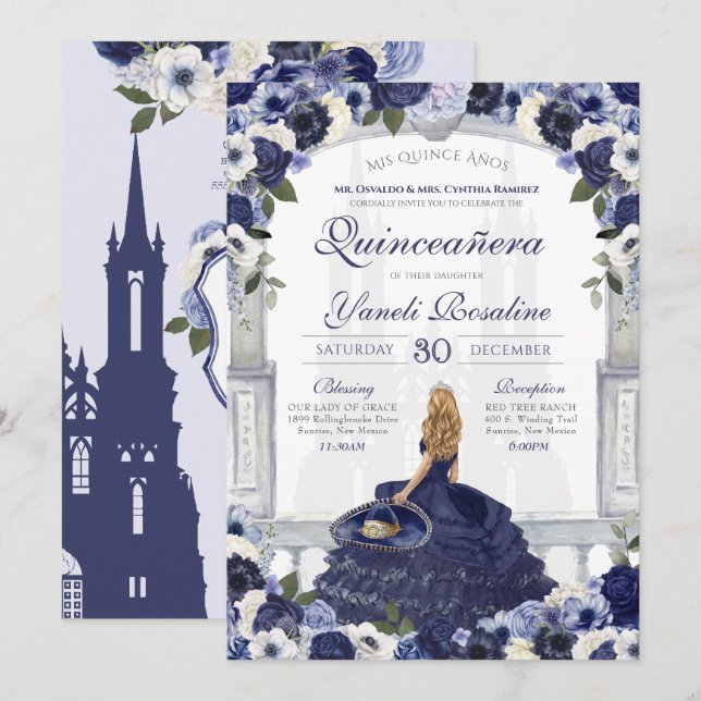 Blue Ro Elegant Charro Princess Quinceanera Inbjudningar (Fram/baksida)