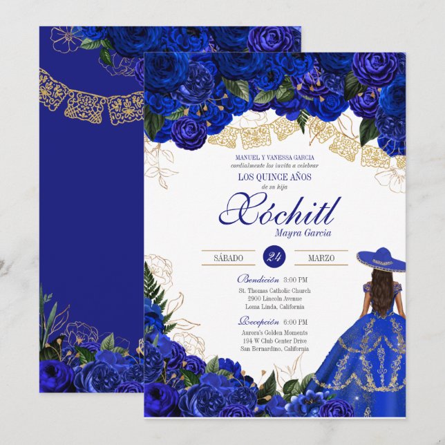 Blue Ro Elegant Charro Quinceanera Inbjudningar (Fram/baksida)