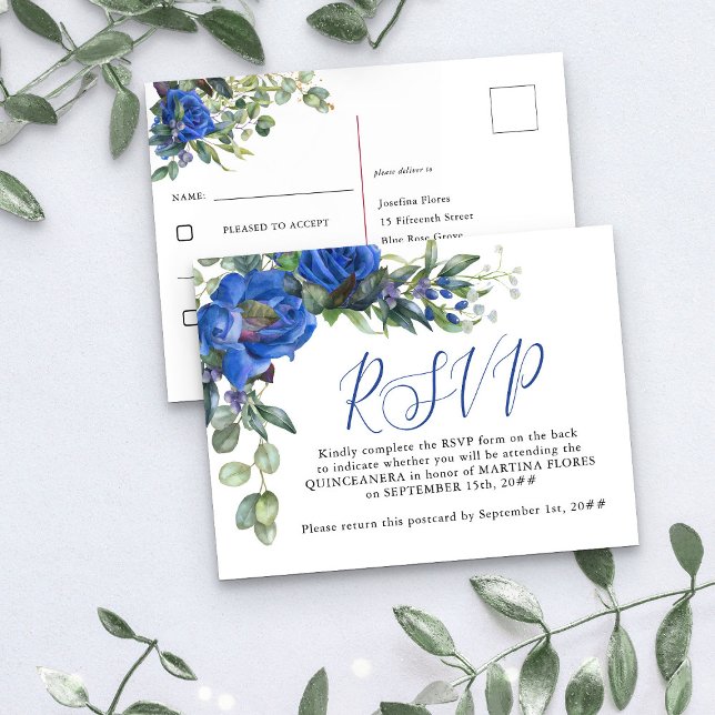 Blue Ro Elegant Quinceanera förklädd OSA Vykort (Elegant RSVP Postcard from my Rose and Eucalyptus Quinceanera collection)