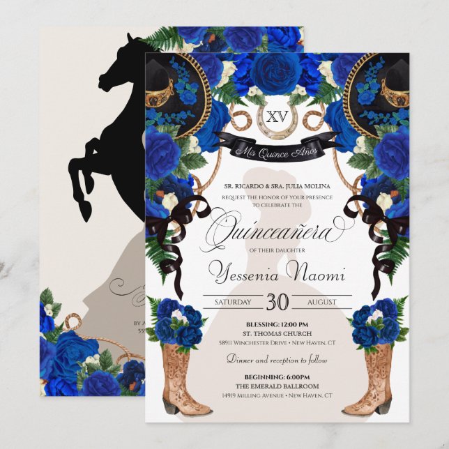 Blue Ro Elegant Western Charro Quinceañera Inbjudningar (Fram/baksida)