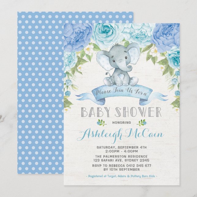 Blue Ro Elephant Baby Shower Boy Jungle Inbjudningar (Fram/baksida)
