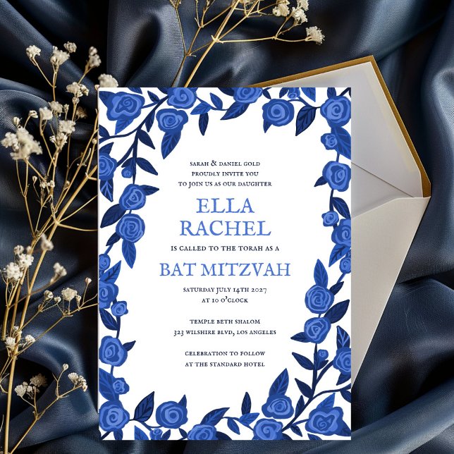 Blue Ro Fladdermus Pub Mitzvah Modern Girl Anpassn Inbjudningar (Blue Roses Bat Bar Mitzvah Modern Girl Custom Invitation
)