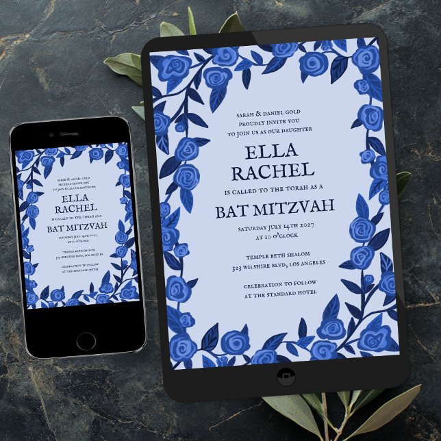 Blue Ro Fladdermus Pub Mitzvah Modern Girl Anpassn Inbjudningar (Blue Roses Bat Bar Mitzvah Modern Girl Custom Digital Evite  Invitation
)
