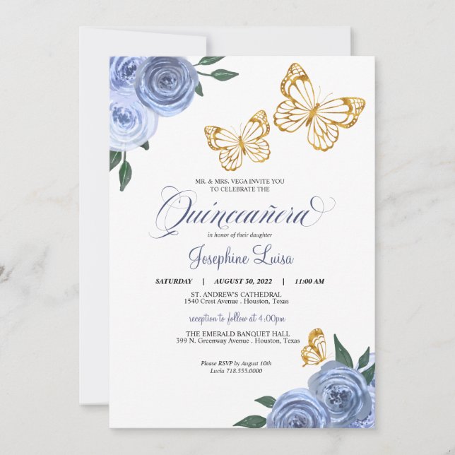 Blue Ro Golden Butterfly Quinceañera Birthday Inbjudningar (Framsida)