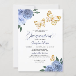 Blue Ro Golden Butterfly Quinceañera Birthday Inbjudningar