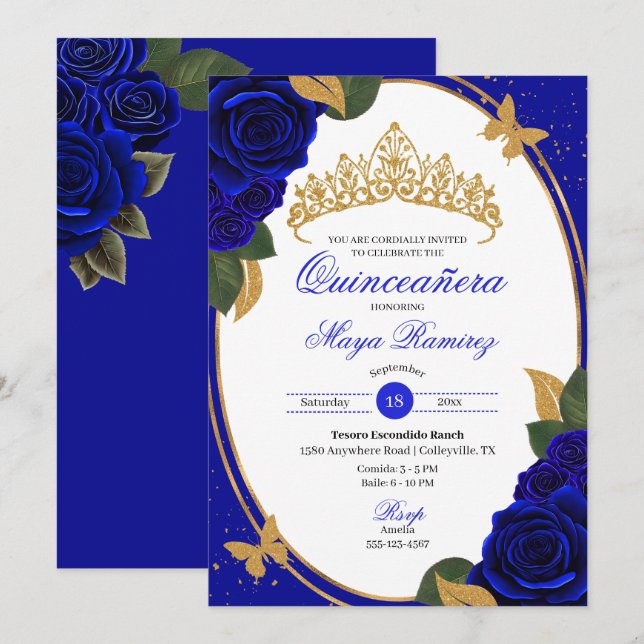 Blue Ro Guld Glitter Butterfly Quinceañera Inbjudningar (Fram/baksida)