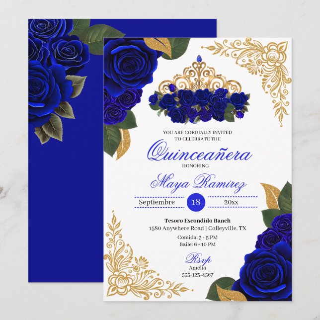 Blue Ro Guld Glitter Ramar Tiara Quinceañera Inbjudningar (Fram/baksida)