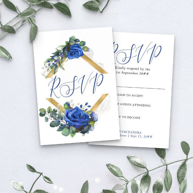 Blue Ro och Eucalyptus Elegant Quinceanera OSA Kort (Elegant RSVP Card from my Rose and Eucalyptus Quinceanera collection)
