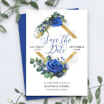 Blue Ro och Eucalyptus Elegant Quinceanera Spara Datumet<br><div class="desc">Blue Ro och Eucalyptus Quinceanera Spara datumet - som du enkelt kan ändra till kostym oavsett tillfälle! Utformningen har kalligrafi av eleganten, blommor av ro, löv av eukalyptus och grönenergi. Den arrangemanga blommigten ställs in i ett guld-geometriskt diamantformat ram. Om du vill matcha produkter kan du bläddra i min samling...</div>