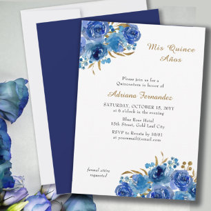 Blue Ro och Guld Löv Quince Anos Quinceanera Inbjudningar