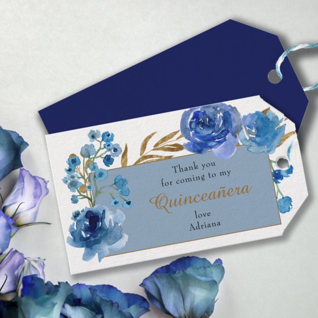 Blue Ro och Guld Löv Quinceanera Tack Presentetikett (Skapare uppladdad)