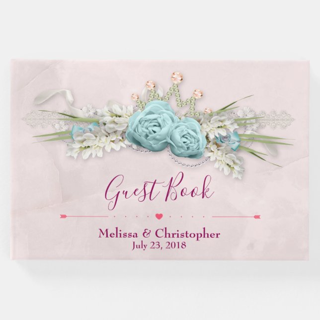 Blue Ro och Krona Blommigt Bouquet Bröllop Gästböcker (Framsida)