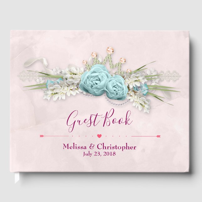 Blue Ro och Krona Blommigt Bouquet Bröllop Gästböcker (Framsida)
