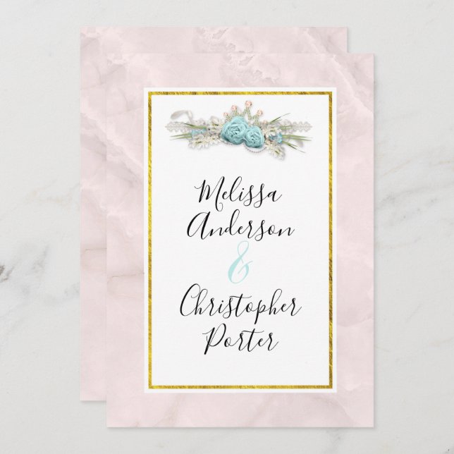 Blue Ro och Krona Blommigt Bouquet Bröllop Inbjudningar (Fram/baksida)