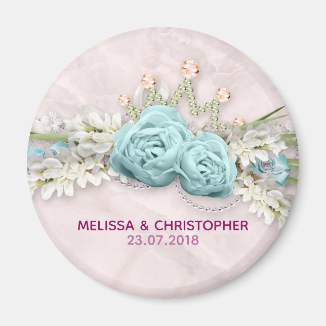Blue Ro och Krona Blommigt Bouquet Bröllop Magnet (Framsidan)