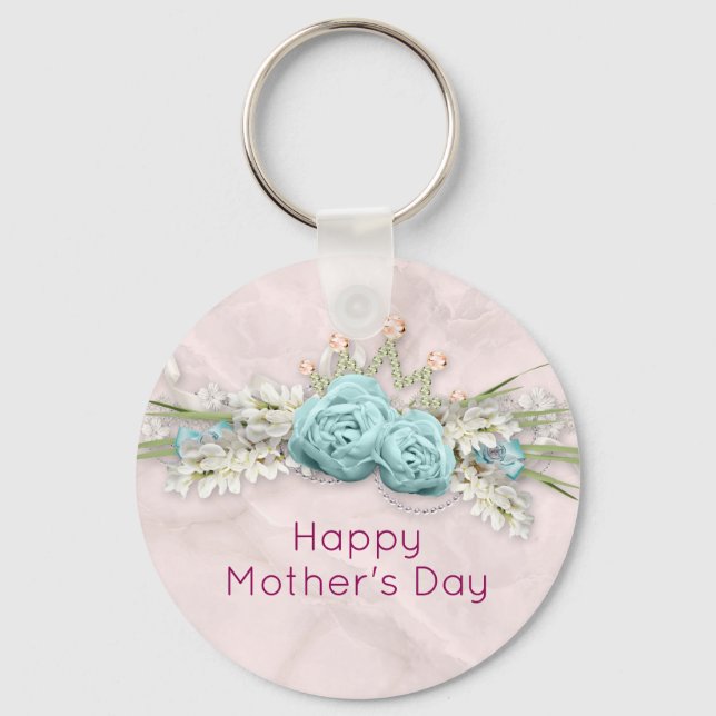 Blue Ro och Krona Blommigt Bouquet Mors dag Nyckelring (Framsida)
