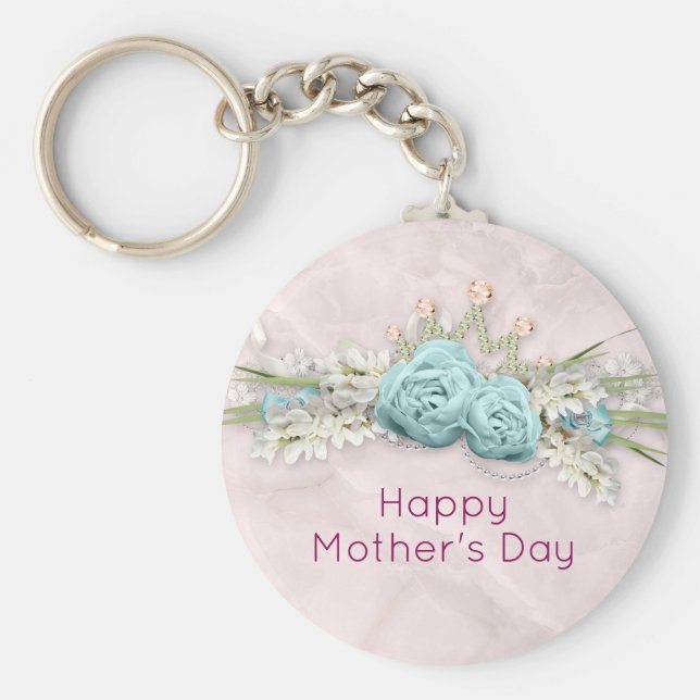 Blue Ro och Krona Blommigt Bouquet Mors dag Nyckelring (Framsidan)