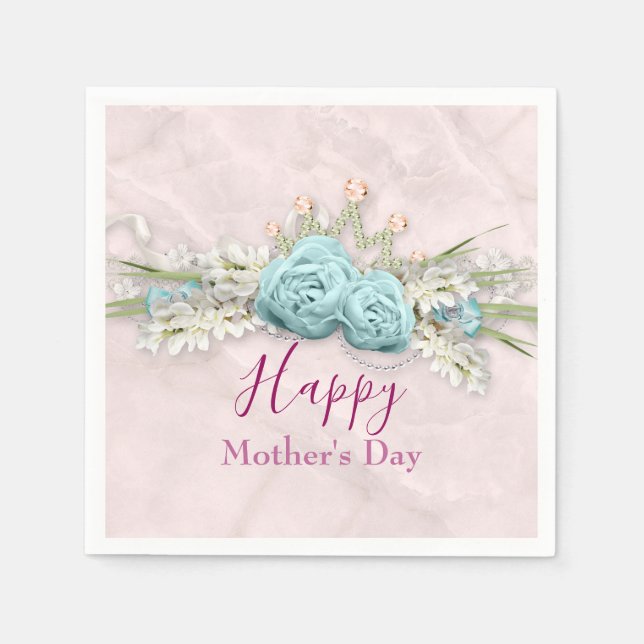 Blue Ro och Krona Blommigt Bouquet Mors dag Pappersservett (Framsidan)