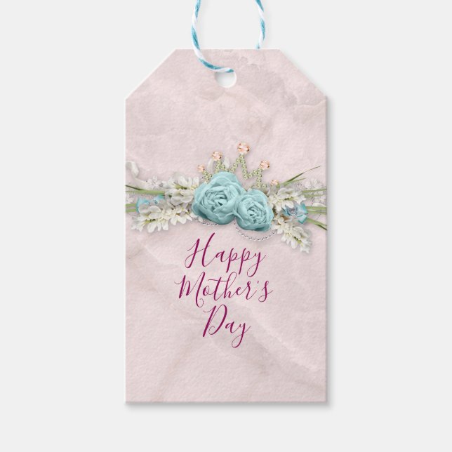 Blue Ro och Krona Blommigt Bouquet Mors dag Presentetikett (Framsidan)