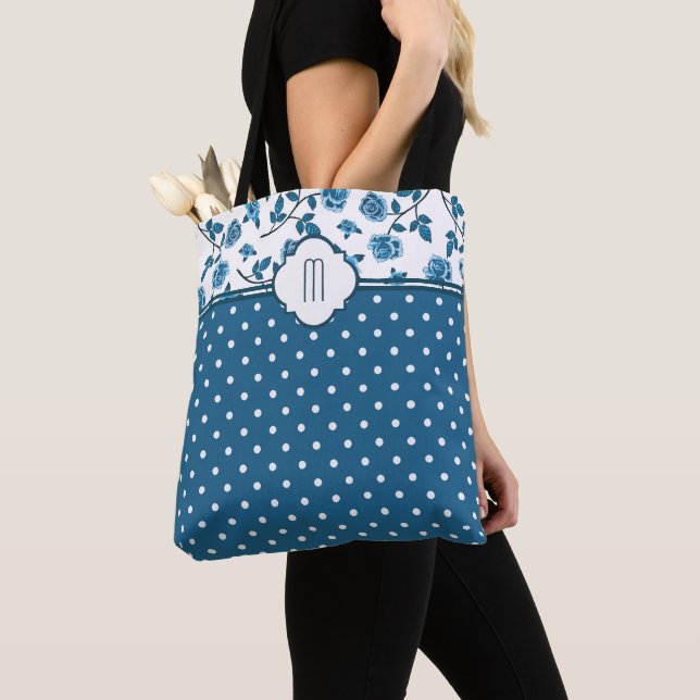 Blue Ro Polka Dot Monogram Tygkasse (Närbild)