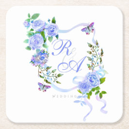 Blue Ro Ribbon Monogram Underlägg Papper Kvadrat