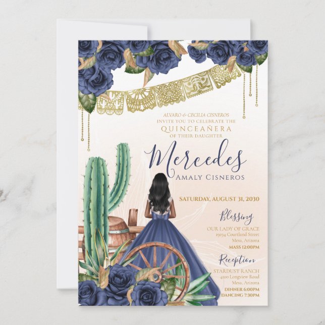 Blue Ro Rustic Western Charro Quinceanera Inbjudningar (Framsida)