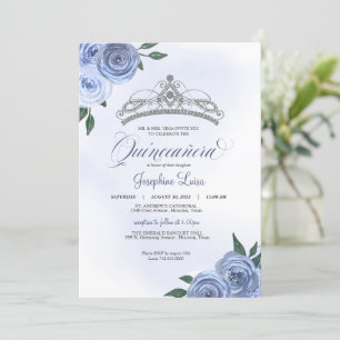 Blue Ro Silver Blommigt Quinceañera Birthday Inbjudningar