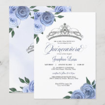 Blue Ro Silver Blommigt Quinceañera Birthday Invi