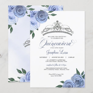 Blue Ro Silver Blommigt Quinceañera Birthday Invi Inbjudningar