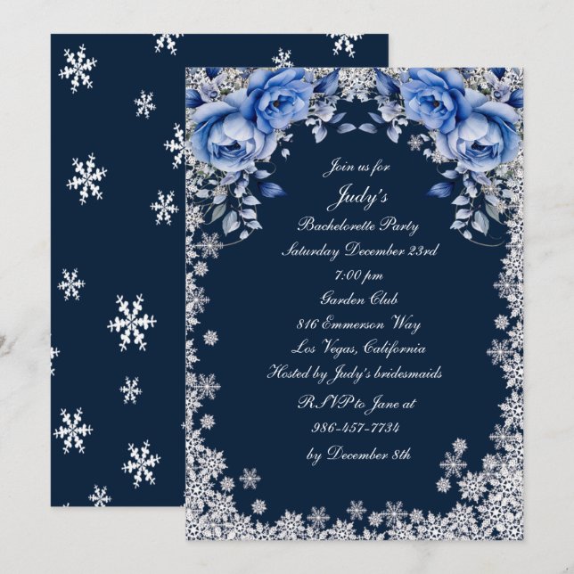 Blue Ro Snowflake-julet Bachelorette Party Inbjudningar (Fram/baksida)