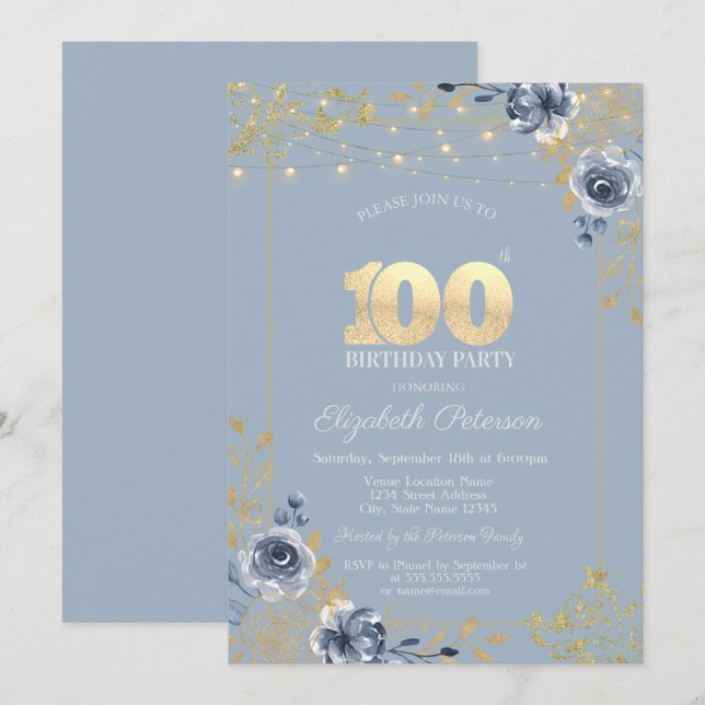Blue Ro String Ljus Dusty Blue 100 Birthday Inbjudningar (Fram/baksida)