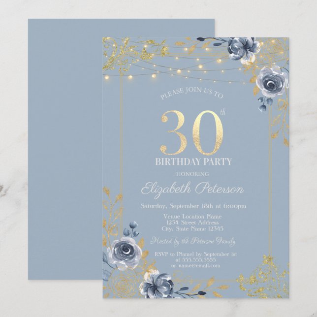 Blue Ro String Ljus Dusty Blue 30års födelsedag Inbjudningar (Fram/baksida)