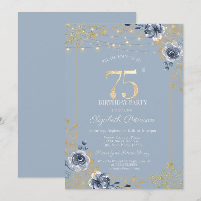 Blue Ro String Ljus Dusty Blue 75:e Birthday Inbjudningar (Fram/baksida)