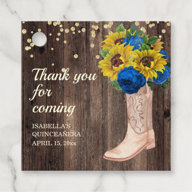 Blue Ro Sunblommor Barn Wood Boots Tack Gåvor Etiketter (Framsida)