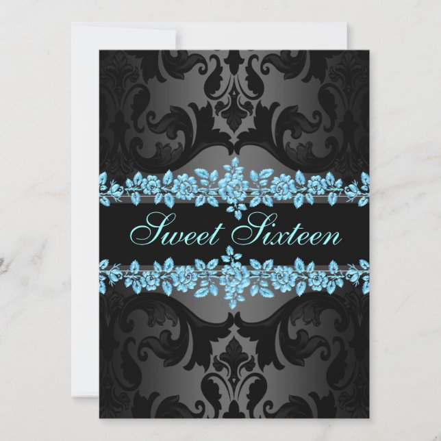 Blue Ro Sweet16 Damask Birthday Inbjudan (Framsida)