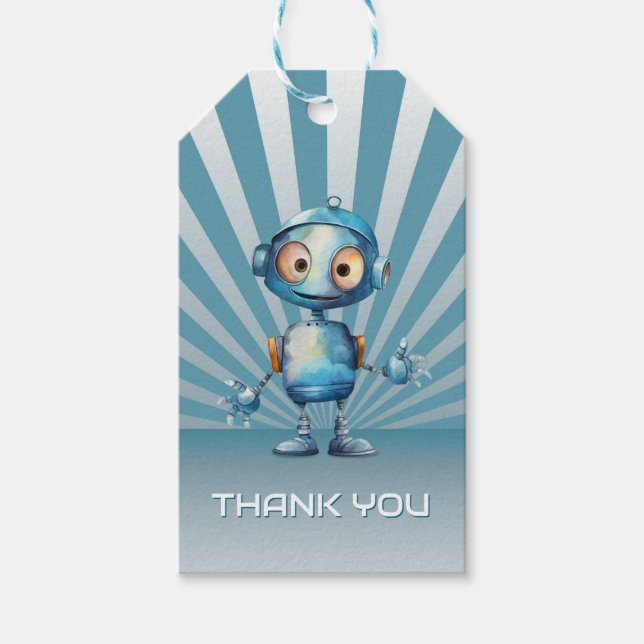 Blue Robot Theme Birthday Tack Presentetikett (Framsidan)