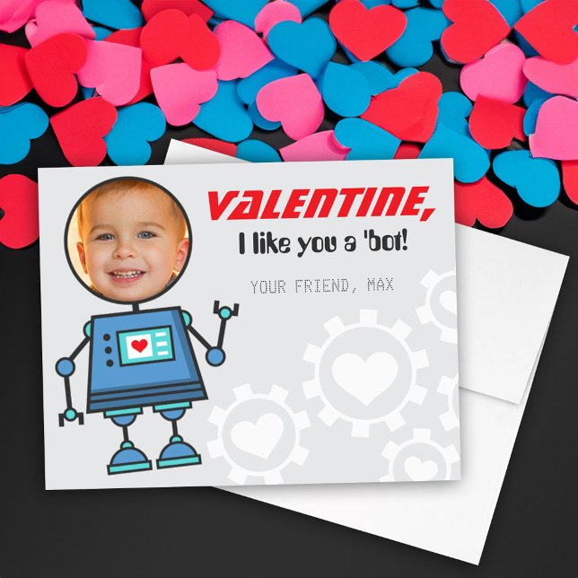 Blue Robot Valentines day Boy Photo Classroom Julkort (Skapare uppladdad)