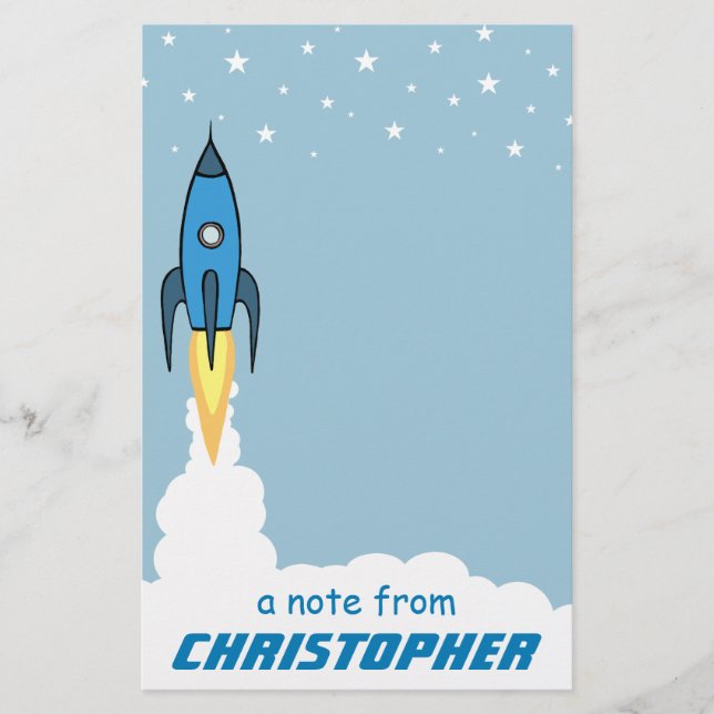 Blue Rocket Frakt Rymden Kids Monogrammed Namn Brevpapper (Framsida)
